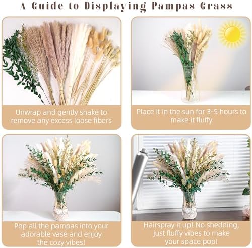 Green Pampas Grass Bouquet – Boho Home & Wedding Floral Arrangements – Dried Pampas Grass Decor for Living Room, Fireplace, and Modern Farmhouse