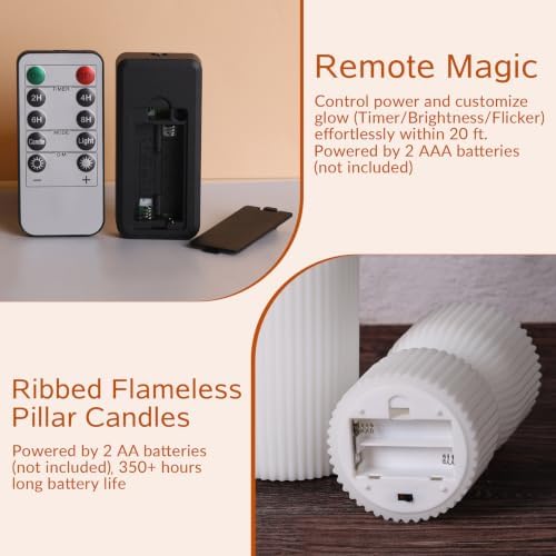 White Ribbed Flameless Pillar Candles with Remote Set of 2