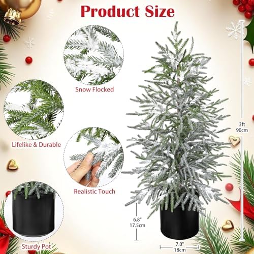 3FT Snow Flocked Artificial Norfolk Pine Tree in Pot, Real Touch Artificial Topiary Tree Small Faux Tabletop Christmas Tree for Front Porch Kitchen Home Indoor Outdoor Decor