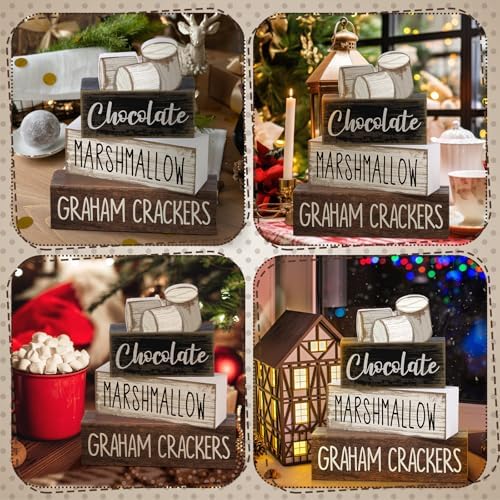 Moucuny 4 Pcs Wooden Block Signs Farmhouse Table Tiered Tray Smores Theme