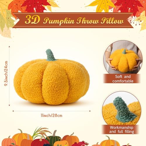 Kajaia 1 Pcs 3D Pumpkin Pillow Fall Decor Halloween Cushions, Yellow
