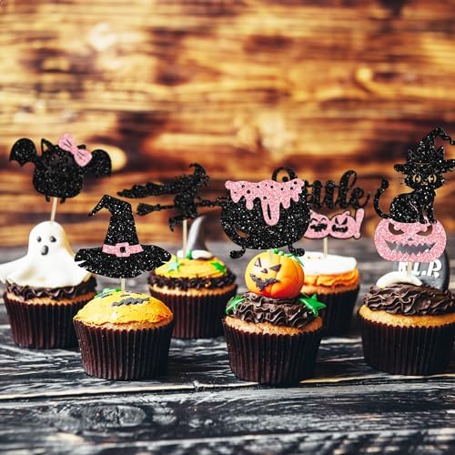 Gyufise 24Pcs Halloween Cupcake Toppers Glitter Pink Ghost Little Boo Bat Witch Cat Pumpkin Cupcake for Halloween Theme Baby Shower Birthday Party Cake Decorations Supplies