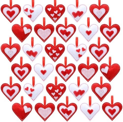 Mindsoft 30 Pcs Valentine Felt Ornaments Heart for Tree 2.4 Inch Valentines Heart Hanging Decorations Red White Hanging Decoration for Valentines Wedding Anniversary Vase Bowl Filler DIY Crafts