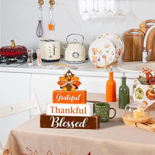 Fall Wooden Table Sign,Thanksgiving Turkey Wooden Blocks Table Decor, Blessed Grateful Thankful Tabletop Signs Farmhouse,Autumn Thanksgiving Harvest Home Kitchen Shelf Decor