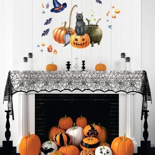 2pcs 14 x 48 Inch Halloween Table Runner Halloween Decorations Black Lace Spider Web Table Runner for Halloween Table Decor Spiderweb Table Runners Lace Runner for Tables Dinning Kitchen Dining Decor