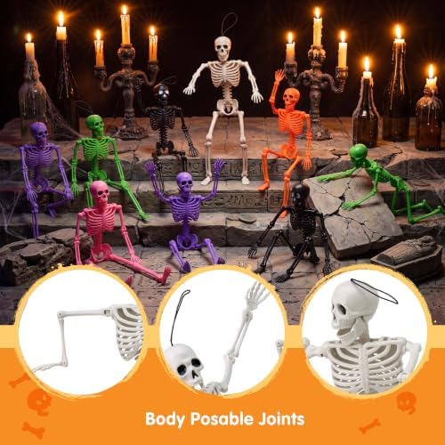 JOYIN 12 PCS Posable Halloween Skeleton Decor 16 Inches, Full Body Posable Joints Hanging Skeletons for Halloween Decorations, Graveyard Props, Haunted House Accessories, Spooky Scene Party Favors