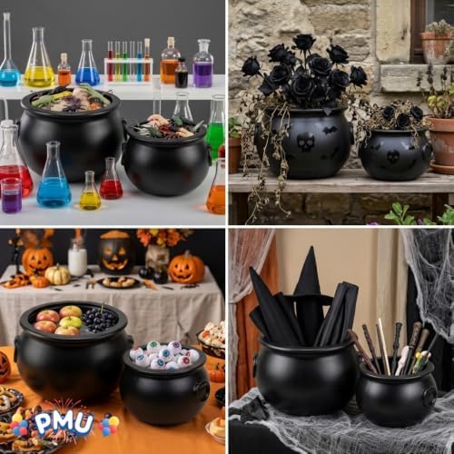 PMU Halloween Cauldron 2pc- 12", 10" Witch Plastic Cauldron bowl Black, For Halloween Decor