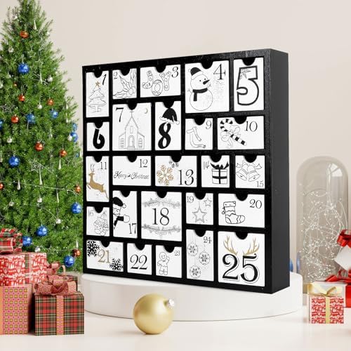 CCINEE Christmas Wooden Advent Calendar with 25 Large Drawers, Countdown to Christmas Decoration Large Size Xmas Countdown Calendar 2024 Hand Painted Refillable Advent for Holiday Decoration(Black)