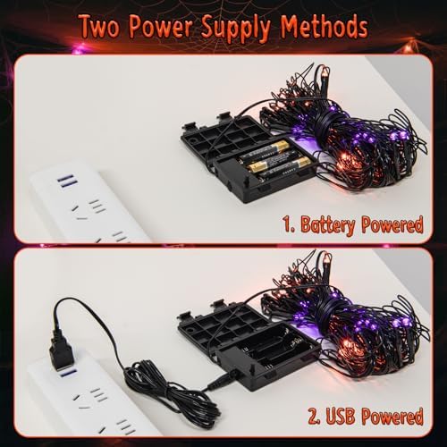 Halloween Decorations Spider Web Lights 6FT 60LED Battery Operated/USB Powered with Black Spider with Timer 8 Modes Indoor Outdoor for Halloween Decor, Orange&Purple