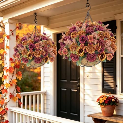 GTIDEA Fall Hanging Baskets 16 Pcs Artficial Fall Flowers for Outdoors