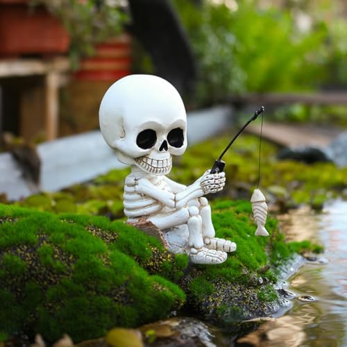 Fishing Skeleton Statue with Rotating Head Funny Halloween Decor, 3.8 Inch Cute Sitting Skull Figurine Resin Sculpture for Outdoor Garden Yard Lawn Pond Pool Ornaments