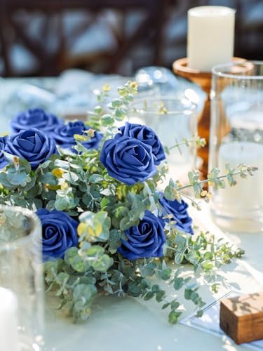 30PCS Royal Blue Artificial Roses with Stems, Real Touch Foam Flowers