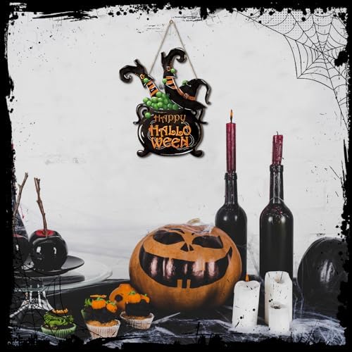 Barydat Happy Halloween Witch Cauldron Wreath Welcome Front Door Sign