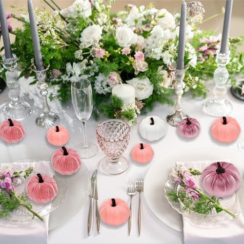Lonfliness 18Pcs Fall Velvet Pumpkin Harvest Decoration Assorted Faux Pink Small Fabric Foam Pumpkin for Autumn Thanksgiving Farmhouse Table Centerpiece Halloween Mantel Party Favor