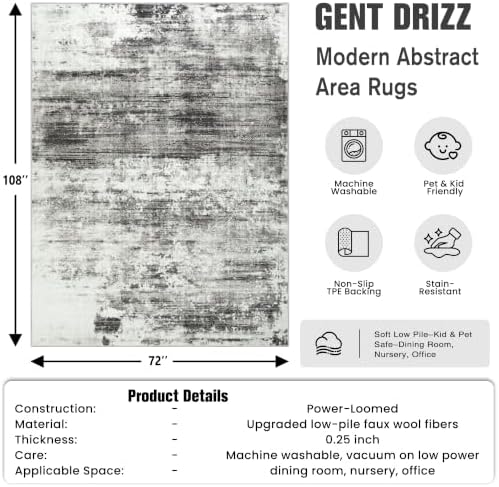 6x9 Area Rugs for Living Room: Washable Abstract Black Grey Badroom Carpet