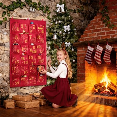 HOWAF Red Gold Fabric Christmas Advent Calendar with Pockets (Countdown to Christmas), 24 Days Mystery Christmas Countdown Calendar for Xmas Holiday Home Wall Decoration