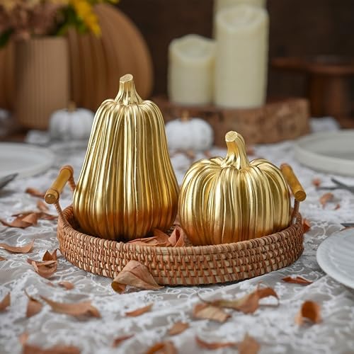 FESTGLOX Gold Fall Pumpkin Decor, Resin Pumpkin Figurines for Decorating