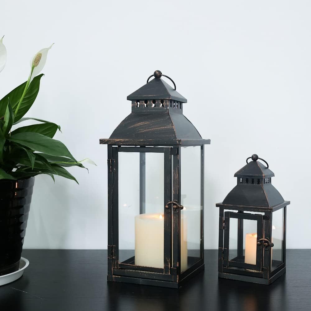 NEEDOMO Lanterns Decorative Outdoor&Indoor, Set of 2 Large Bronze Metal Lantern Decor with Glass, Candle Holder for