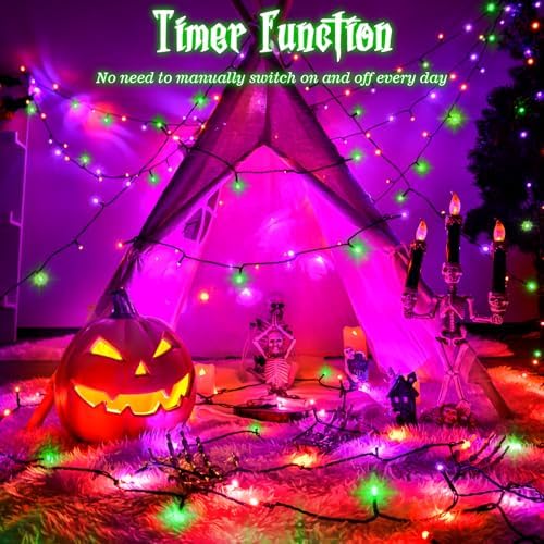 Halloween Lights String Total 100LED Battery Operated Outdoor 8 Modes with Timer 16.4Ft*2, 50LED*2 Waterproof Fairy Lights Indoor for Halloween Decor, Orange&Purple&Green, 2-Pack