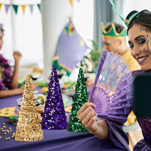 6 Pcs 12" 10" 6" Mardi Gras Table Centerpieces Mardi Gras Tiered Tray Signs Cone Tree Ornament Gold Green Purple Table Tree Decor for Mardi Gras Carnival Party Supplies and Decors