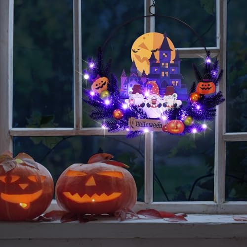 Pre-Lit Halloween Wreath for Front Door, Lighted Dwarf with 6H On/18H Off