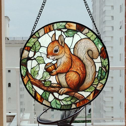 Red Squirrel with Acorn Stained Glass Window Hanging Suncatcher Gift 15"