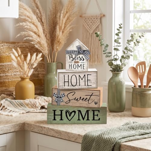 Moucuny 4 Pcs Wooden Farmhouse Table Decor Rustic Home Sweet Home Stacked Blocks Decoration Farmhouse Tiered Tray Decor