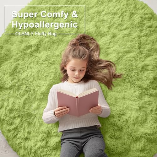 OLANLY Grass Green Round Rugs for Bedroom - Machine Washable, 9 ft Circle Area Rugs for Living Room, Soft and Fluffy