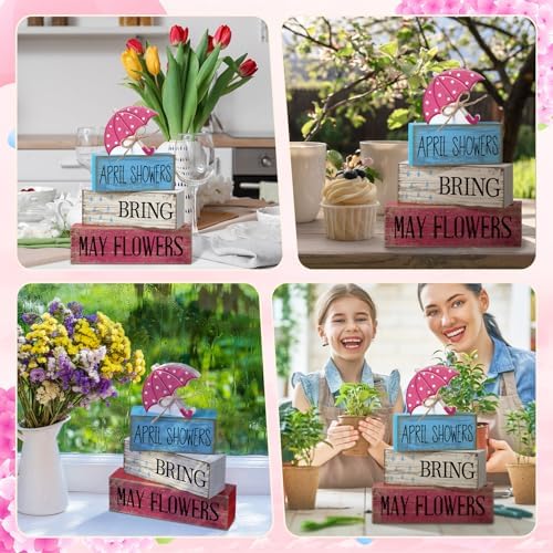 Moucuny 4 Pcs Spring Wooden Block Signs Farmhouse Table Decoration