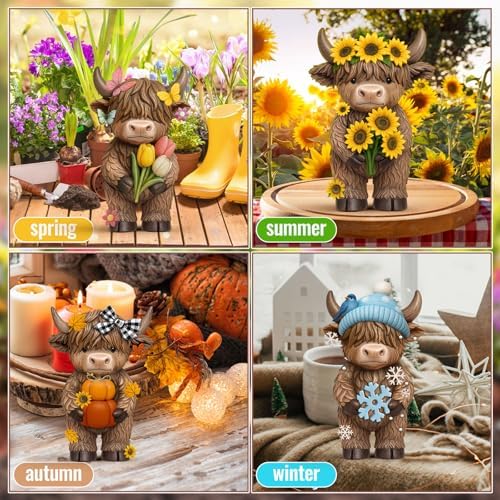 Simgoing 4 Pcs Seasonal Highland Cow Figurines, Spring Summer Fall Winter Gnomes 4 Seasons Highland Cow Home Decor Table Centerpieces Scottish Resin Statue Calf Gifts for Home Garden Kitchen Office