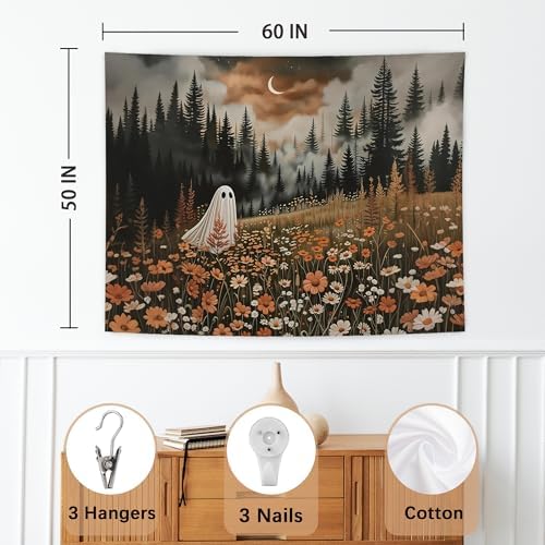 NATSUNO Halloween Tapestry, Halloween Spooky Ghost Wall Tapestry for Bedroom, Whimsical Enchanted Forest Flower Ghost Tapestries Wall Hanging for Home Living Room Decor, 50x60 Inches