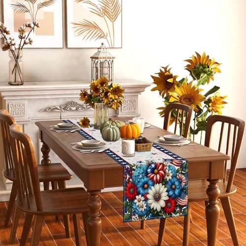 Memorial Day Patriotic 4th of July Table Runner,Red White and Blue Flowers Table Decor Veterans Day Independence Day Decorations and Supplies for Home Kitchen Table-13×60''