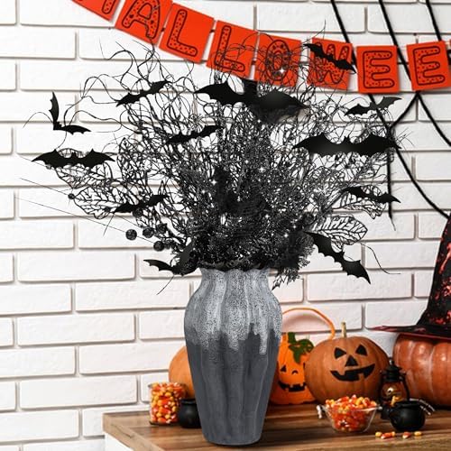 24 Pcs Artificial Halloween Branches Picks Ornaments with 12 Pcs Bats