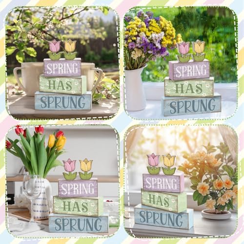 Moucuny 4 Pcs Spring Wooden Block Signs Farmhouse Tray Decor Tulips