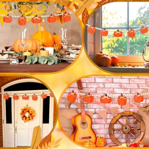 Geelin 8.2 ft Fall Pumpkin Wood Bead Garland Banner, Pumpkin Fall Hanging