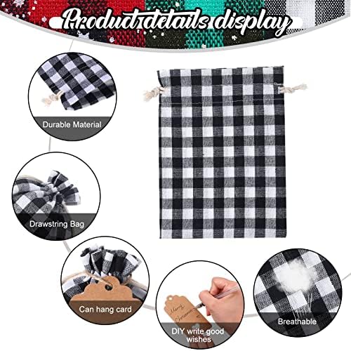 Shappy 24 Pcs Christmas Drawstring Gift Bags Xmas Buffalo Plaid Burlap Advent Bags 7 x 5 Inches Linen Treat Candy Bag with 32.8 ft Rope 24 Card(Assorted Color)