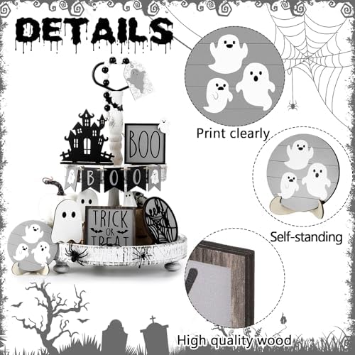 Umigy 15 Pcs Halloween Tiered Tray Decor Gray Ghost Wooden Signs Boo