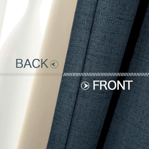 MIULEE 100% Blackout Linen Curtains for Bedroom 52x63 Inches Navy