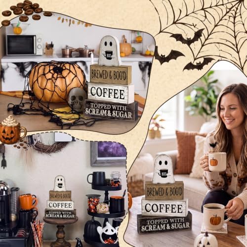 Lineshading 4 Pcs Halloween Ghost Blocks, Wooden Coffee Farmhouse Decor