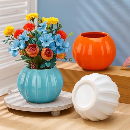 3 Pcs Ceramic Pumpkin Vase 5.5" White Orange Blue Pumpkin Decor Fall Vase