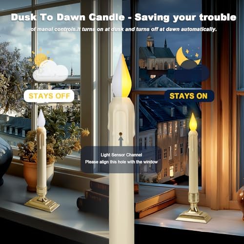 6 Pcs Sensor Dawn to Dusk Window Candles, Flickering Battery Candles for Windows, Ultra Bright Fake Candle Lights with Gold Holders, Led Candlesticks for Xmas Home Decor, Warm Yellow Light