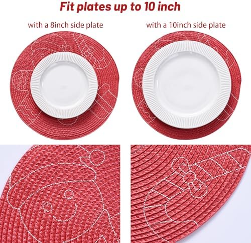 Feuille Round Christmas Placemats Set of 4,13.5 Inch Red Gingerbread Man Placemats for Round Tables Winter Placemats Perfect for Indoor Christmas Decorations