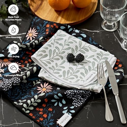 RECYCO Waffle Kitchen Towel Set of 2 - Quick Dry Microfiber Sustainable Dish Towels - Ultra Absorbent Reusable Cleaning Tea Towels - Lightweight Hand Towels,16”x 28”, Enchanted Bloom