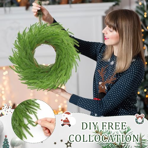 Zeyune 8 Pcs 14" Christmas DIY Green Wreath Artificial Wreath, Norfolk Pine
