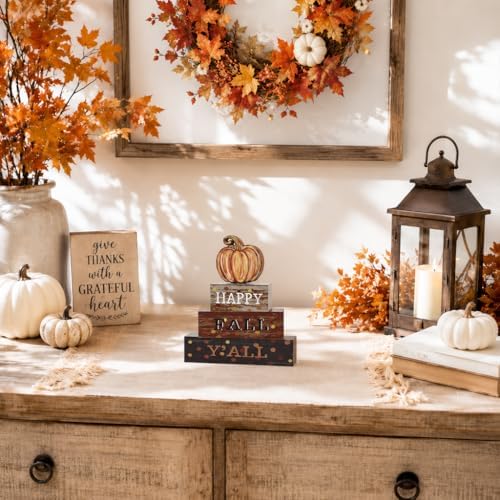 Smile Fall Wooden Block Decor Signs Pumpkin Plaque HAPPY FALL Y'ALL Tiered Tray Tabletop Signs for Autumn Harvest Thanksgiving Home Decor
