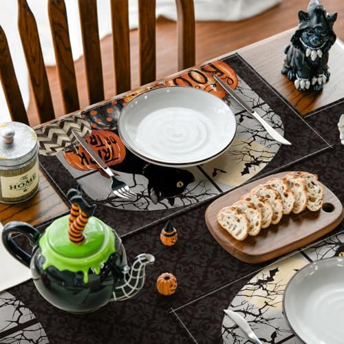 Artoid Mode Boo Black Cat Pumpkins Halloween Placemats Set of 6, Trick Or Treat 12x18 Inch Seasonal Fall Holiday Table Mats for Party Kitchen Dining Decoration