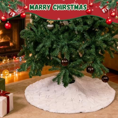 Christmas Tree Skirt White, 36 Inch Large Soft Plush Xmas Tree Skirts, Double Layer Luxury Tree Skirt w/Silver Snowflake Sequin, Christmas Trees Decoration for Holiday Party Indoor Party Home Decor