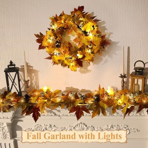 6 FT Lighted Fall Garland with Lights Pumpkins Automatic ON/Off