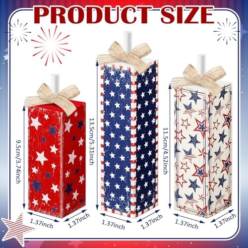 Redbaker 3 Pcs 4th of July Wood Star Sign, Red White Blue Table Decor