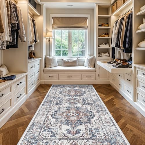 Washable 4x8 Hallway Area Rug: Vintage 8ft Water Resistant Soft Runner Rug for Entry Kitchen Non Slip Wide Low Pile